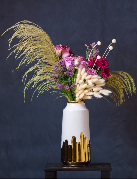 White Ceramic Vase with Gold Mix Flowers shades of Purple with Pampas